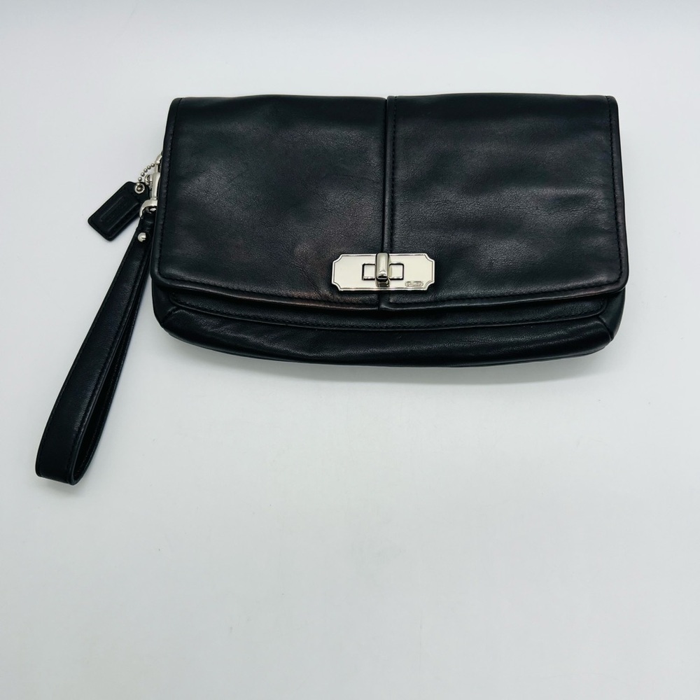 Coach Black Leather Wristlet Clutch Silver Hardware 9” X 5”